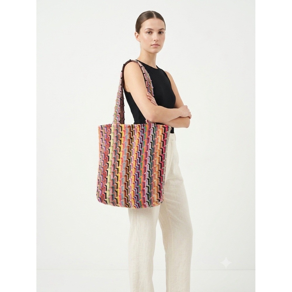 Wayuu Mochila Woven Bucket Bag Boho Tufted Tapestry Tote Carpet Rainbow 16x16.5"